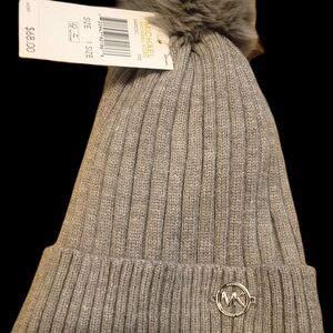 Michael Kors Light Grey Ribbed Beanie with Faux Fur Pom